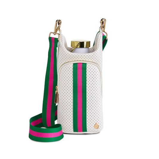 White Coated Perforated Neoprene bag with Pink/Green Stripe